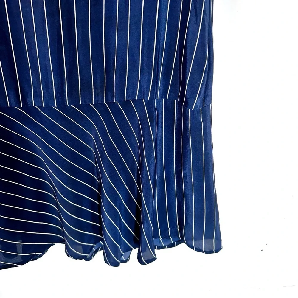Amour Vert Pin Stripe Ruffle Hem Silk Mini Dress In Navy Blue Size S - Picture 5 of 9